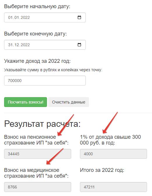 Пример расчета взносов ИП в 2022 году, если его доход превышает 300000 рублей
